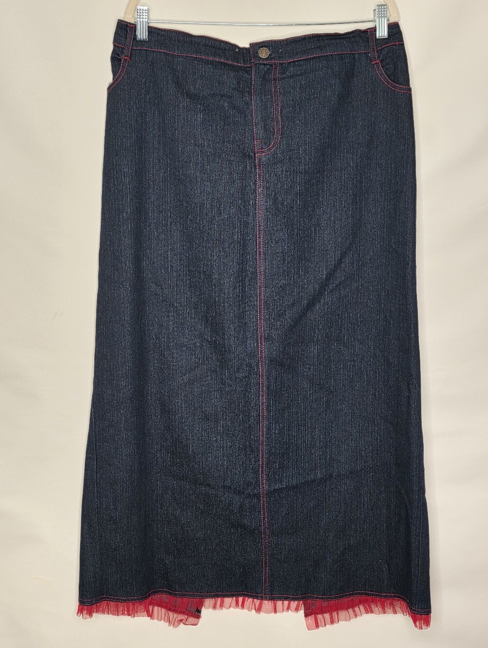 Lace Trim Denim Maxi Skirt with Pockets Size 1X Stretch Waist Contrast Stitching